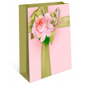 Пакет подарочный, Цветок и атласный бант, Розовый, 43*33*10 см, 1 шт.