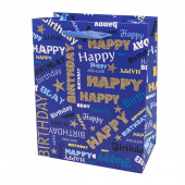 Пакет подарочный, С Днем Рождения! (стильные шрифты), Синий, с блестками, 44*31*12 см, 1 шт.
