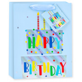 Пакет подарочный, С Днем Рождения! (торт и свечи), Голубой, Голография, 23*18*10 см, 1 шт.